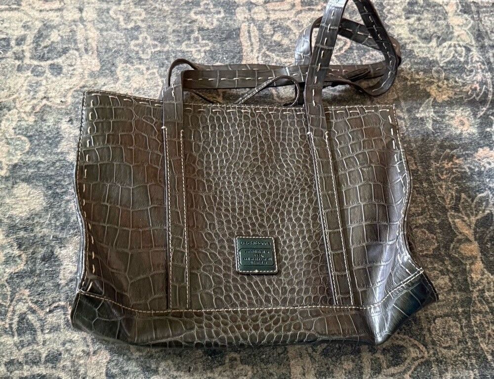 Liz Claiborne Vintage Dark Green Faux Croc Leather Tote Purse Sage Green Lining